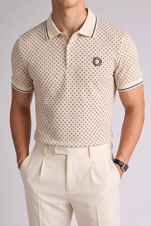 Beige Micro Print Polo T-Shirt
