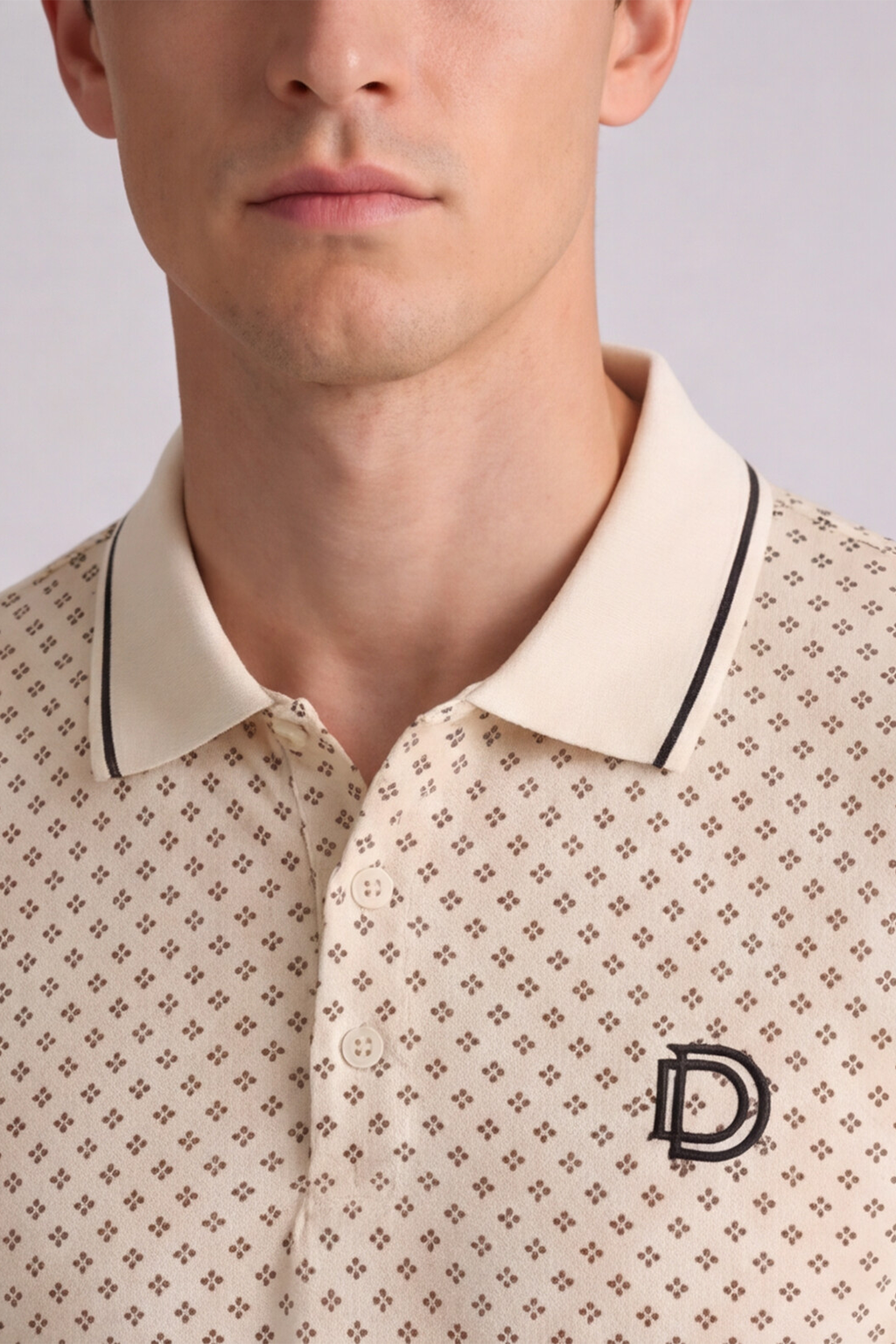Beige Micro Print Polo T-Shirt