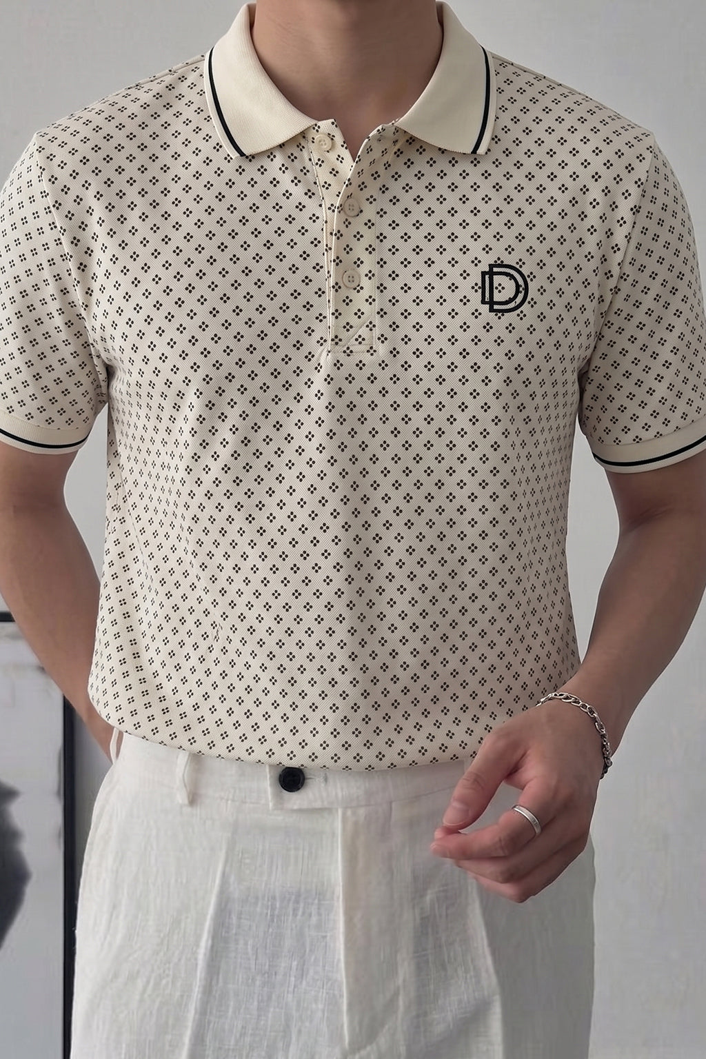 Beige Micro Print Polo T-Shirt