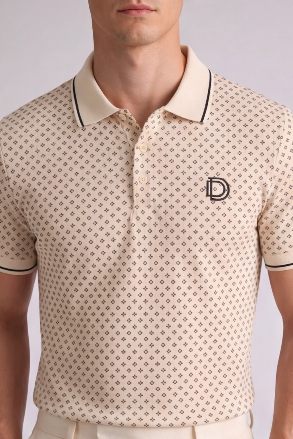 Beige Micro Print Polo T-Shirt