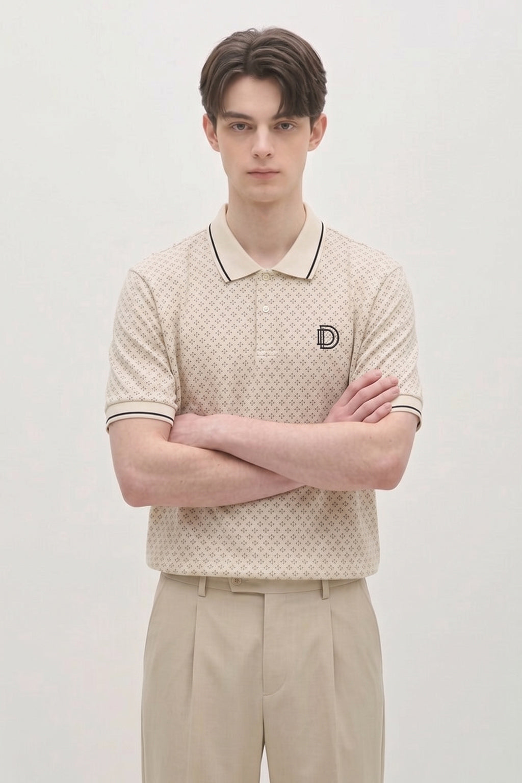 Beige Micro Print Polo T-Shirt