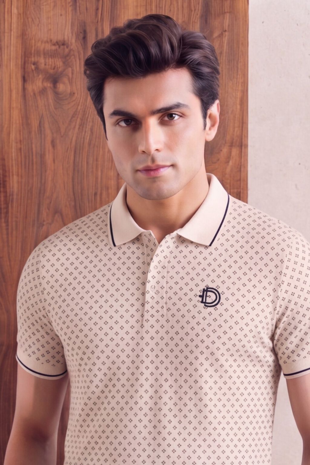 Beige Micro Print Polo T-Shirt