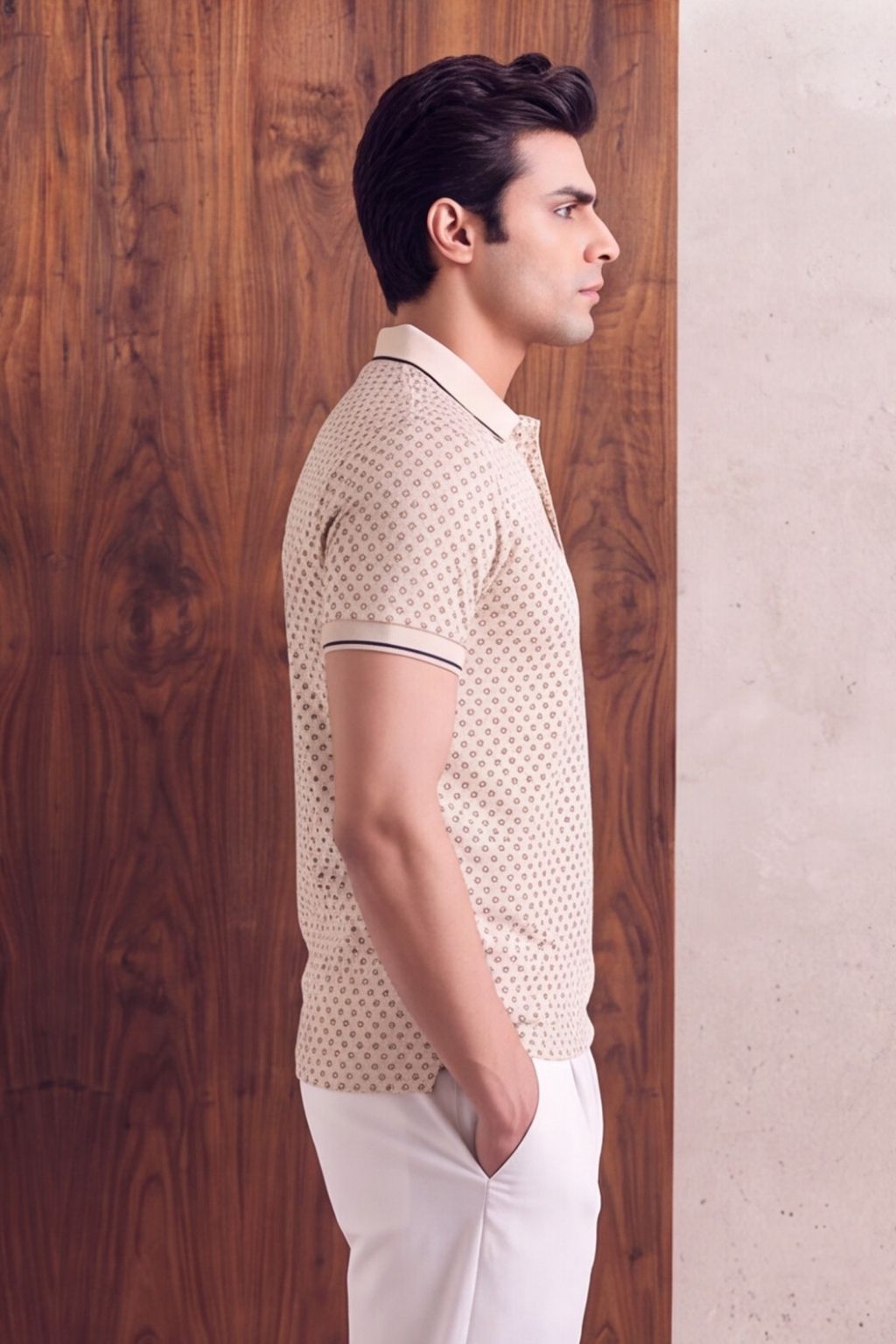 Beige Micro Print Polo T-Shirt