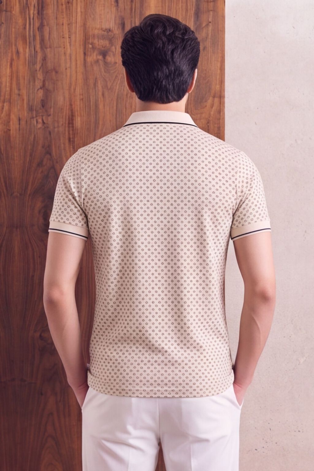 Beige Micro Print Polo T-Shirt