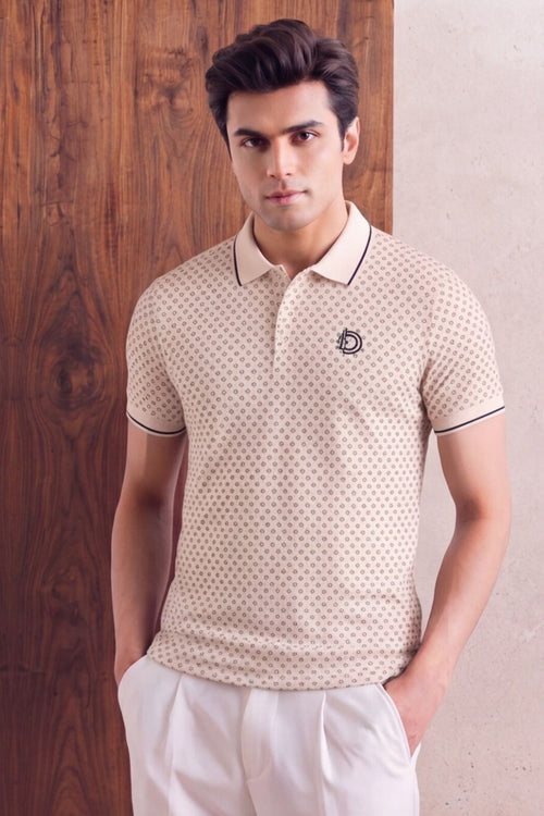 Beige Micro Print Polo T-Shirt