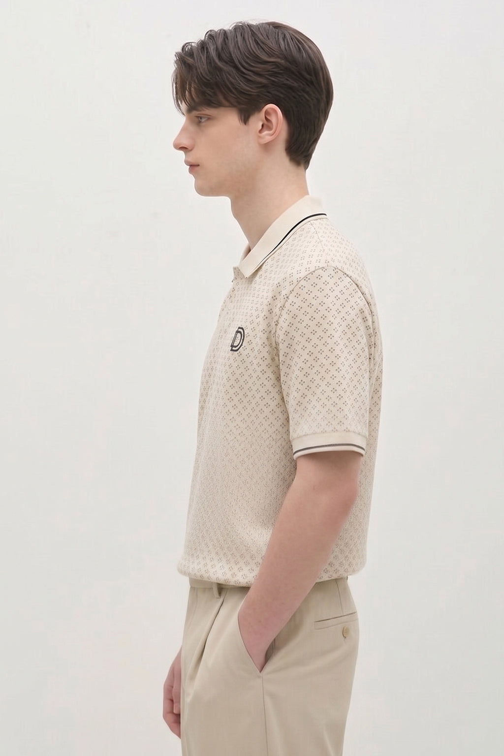 Beige Micro Print Polo T-Shirt