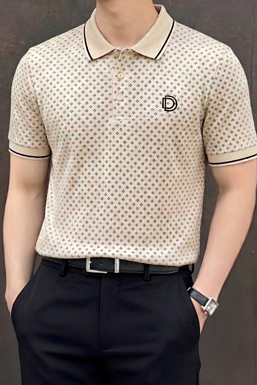 Beige Micro Print Polo T-Shirt