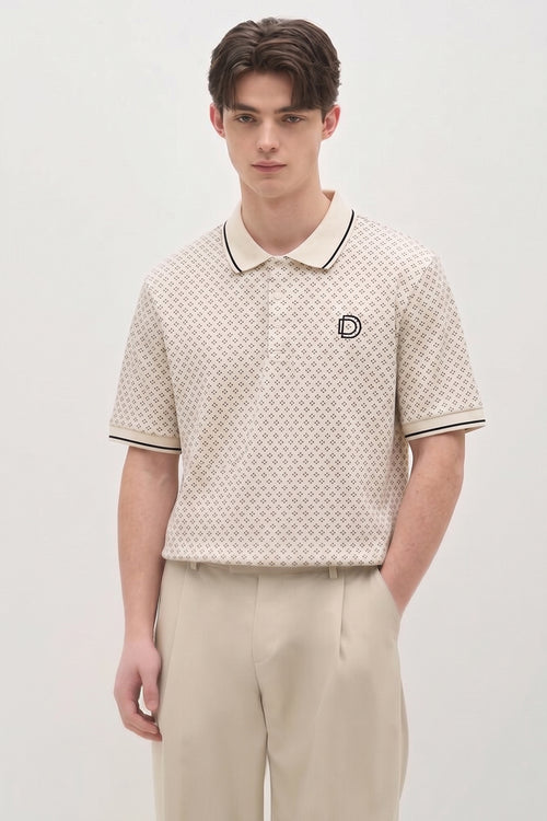 Beige Micro Print Polo T-Shirt