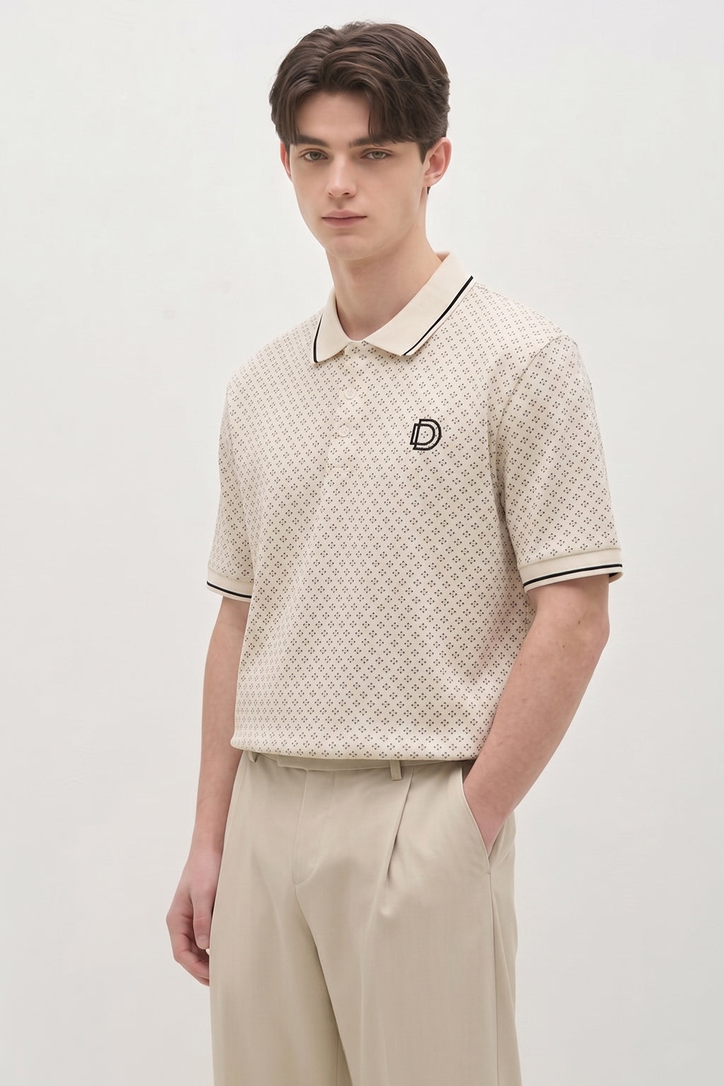 Beige Micro Print Polo T-Shirt